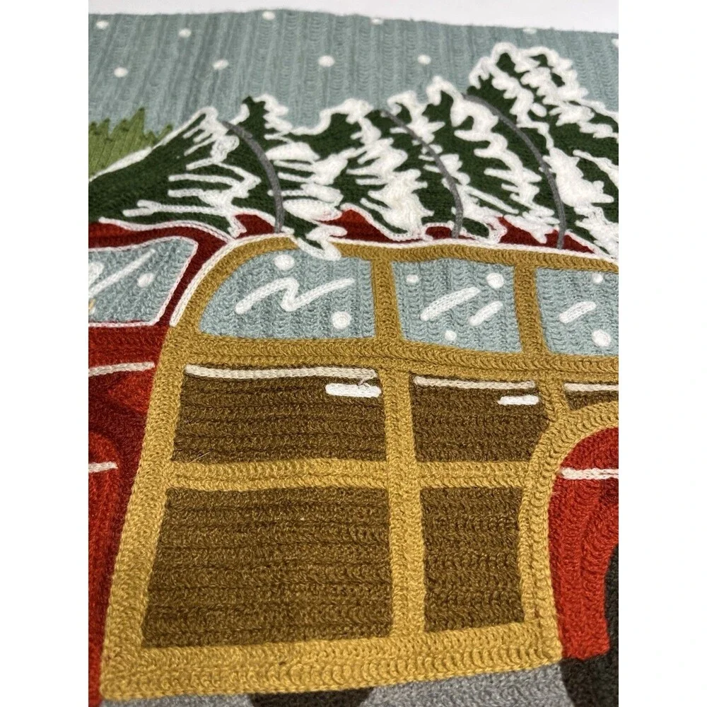 Pottery Barn Christmas Woody Car Crewel Embroidered Lumbar Pillow Cover